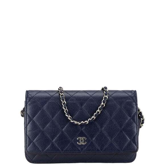 Chanel Caviar Quilted Flap Card Holder Navy Blue 1301864  CHANEL Authentic Blue Caviar Leather Logo Wallet